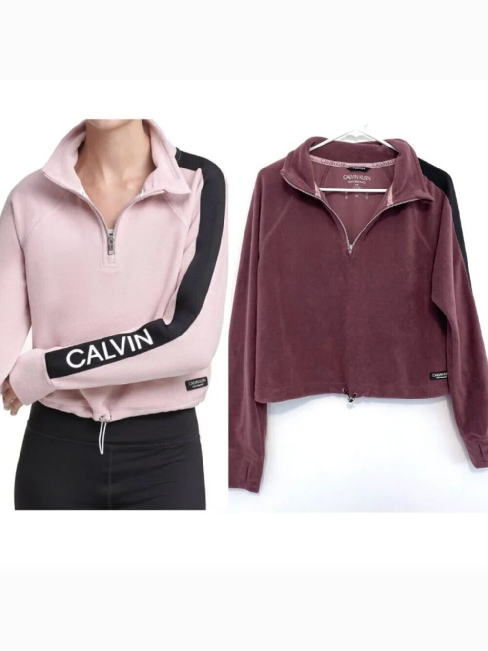 CALVIN KLEIN PERFORMANCE Half Zip Logo Top Purple Fleece 1/2 Zip Crop Sweatshirt
